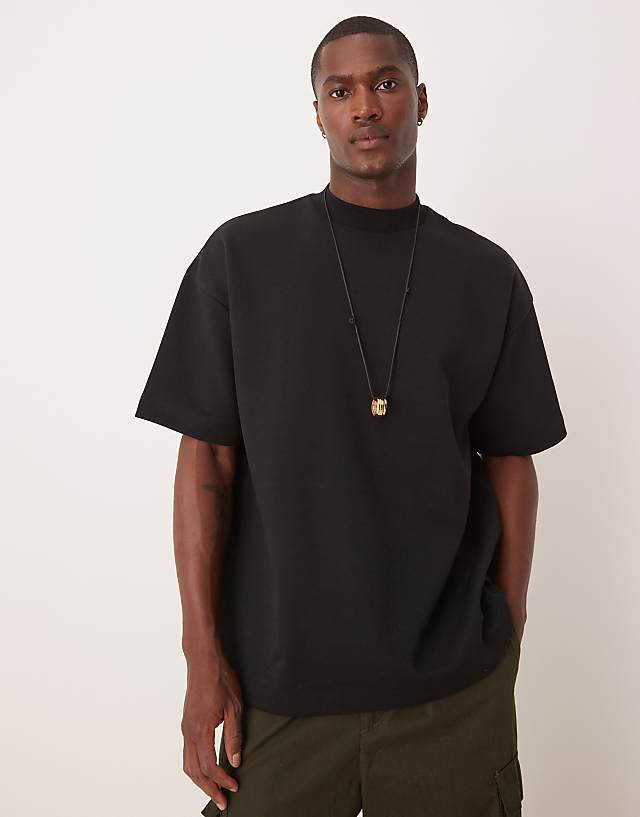 asos ASOS DESIGN premium interlock oversized dropped shoulder high neck t-shirt in black