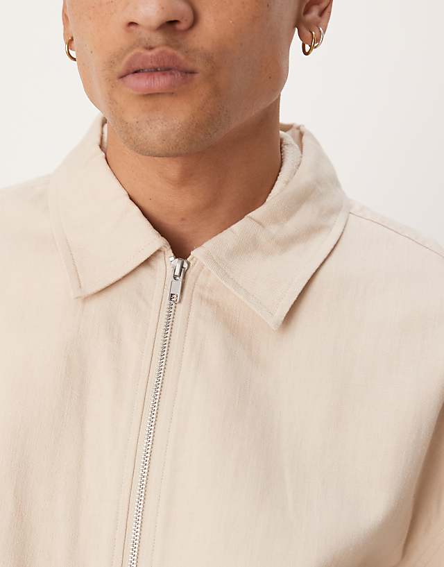 Asos ASOS DESIGN Premium Linen Blend Boxy Harrington Jacket In Stone - STONE