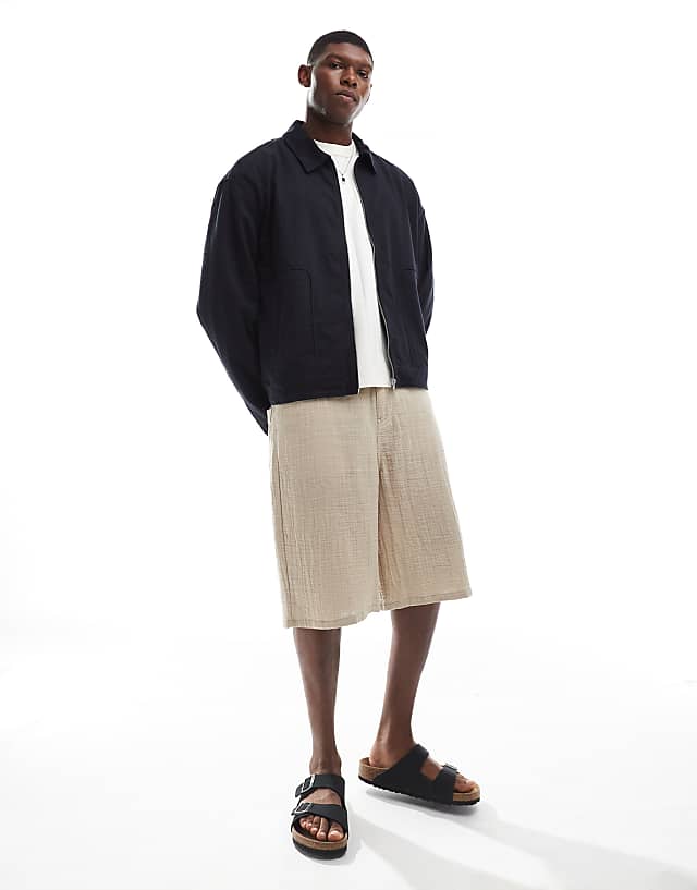 Asos ASOS DESIGN Premium Linen Blend Boxy Harrington Jacket In Black