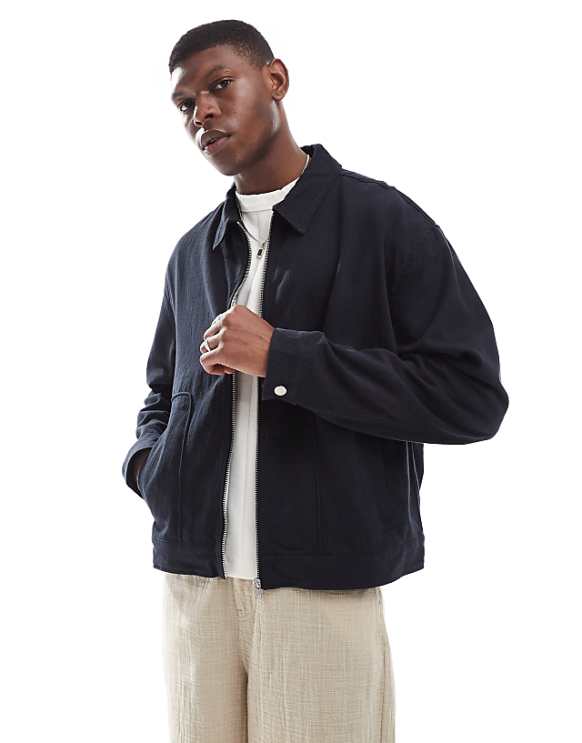 asos ASOS DESIGN Premium linen blend boxy harrington jacket in black