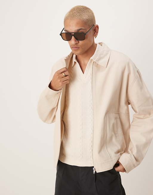 asos ASOS DESIGN Premium linen blend boxy harrington jacket in stone - STONE