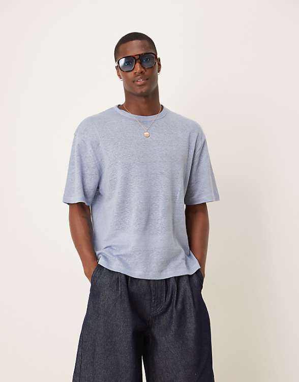 asos ASOS DESIGN Premium linen relaxed boxy t-shirt in blue