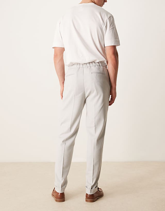 Asos ASOS DESIGN Pull On Smart Tapered Fit Trousers With Turnups In Light Grey Microtexture