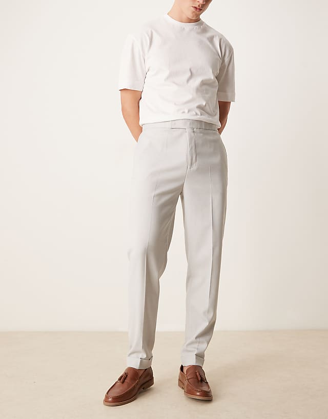asos ASOS DESIGN pull on smart tapered fit trousers with turnups in light grey microtexture