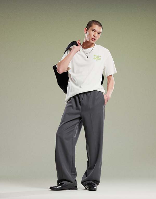 asos ASOS DESIGN pull on smart wide leg trousers in charcoal