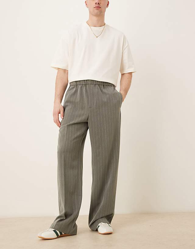 Asos ASOS DESIGN Pull On Smart Wide Leg Trousers In Grey Pinstripe
