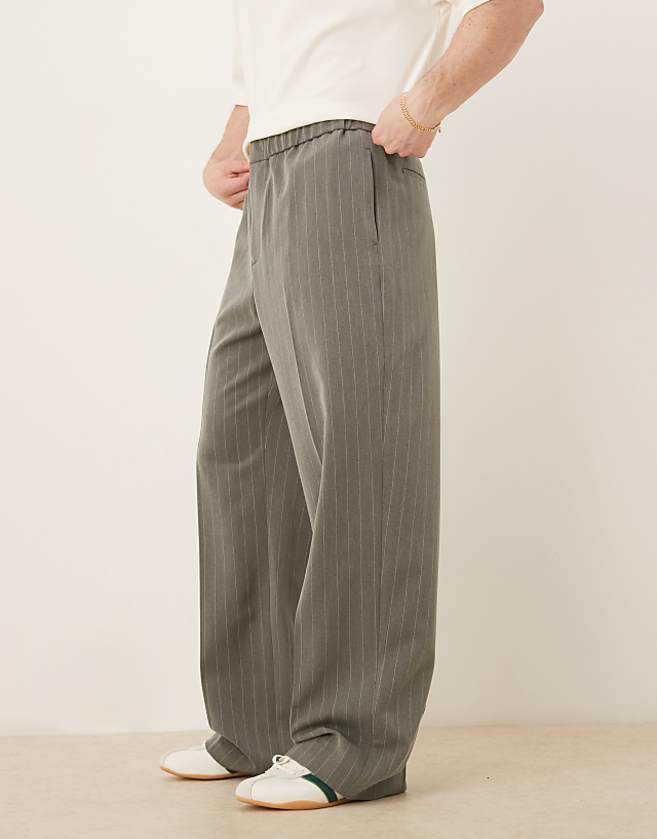 asos ASOS DESIGN pull on smart wide leg trousers in grey pinstripe