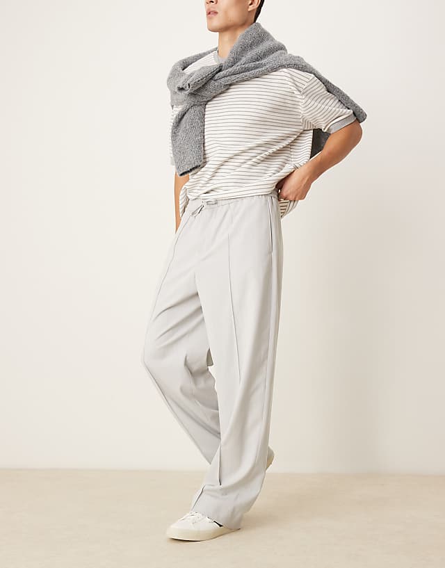 Asos ASOS DESIGN Pull On Smart Wide Leg Trousers In Light Grey Pinstripe