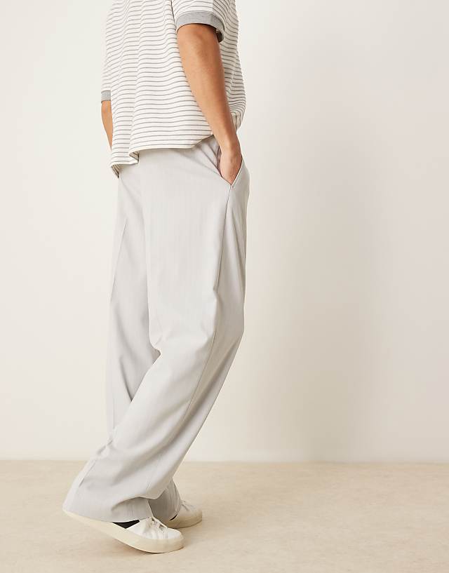 Asos ASOS DESIGN Pull On Smart Wide Leg Trousers In Light Grey Pinstripe