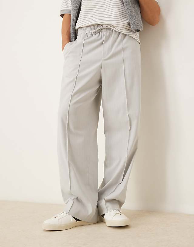 asos ASOS DESIGN pull on smart wide leg trousers in light grey pinstripe