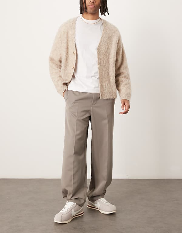 asos ASOS DESIGN pull on smart wide leg trousers with hem poppers in muted khaki