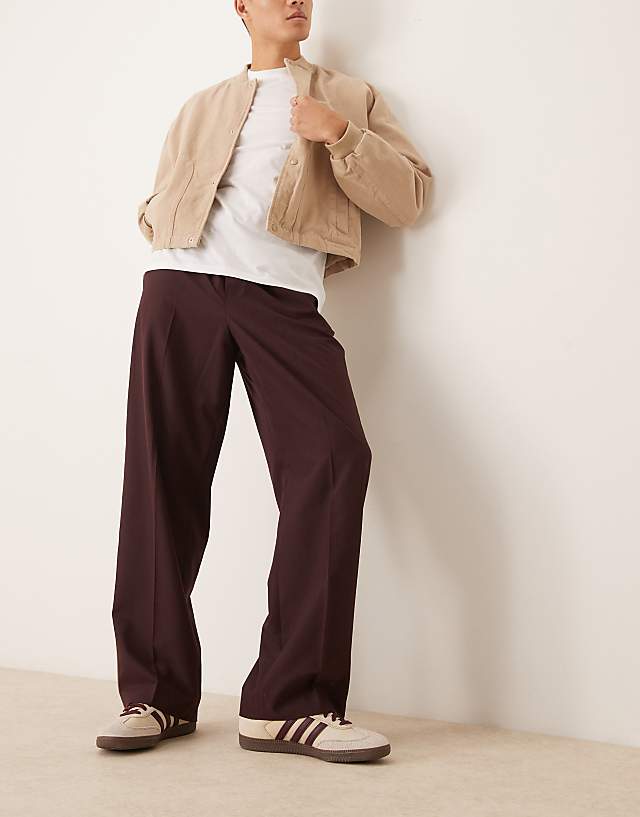 Asos ASOS DESIGN Pull On Smart Wide Leg Trousers With Side Piping In Burgundy