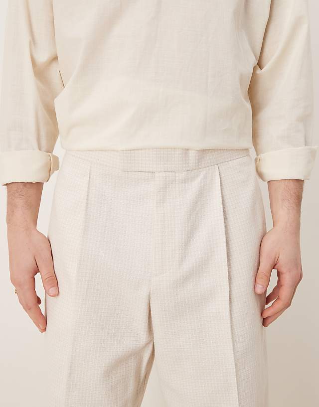 Asos ASOS DESIGN Pull On Smart Wide Leg Trouserswith Front Pleat In Beige Texture With Elasticated Waist