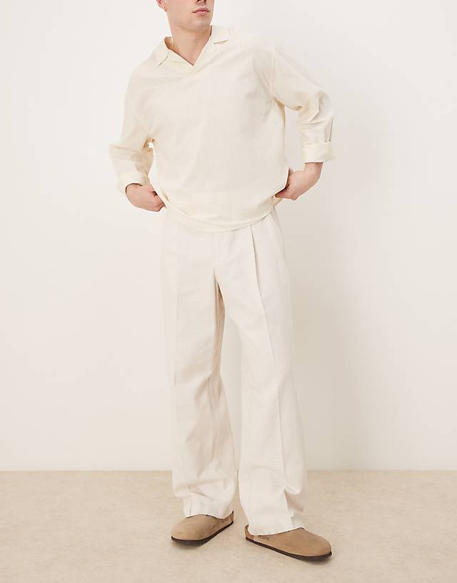 asos ASOS DESIGN pull on smart wide leg trouserswith front pleat in beige texture with elasticated waist