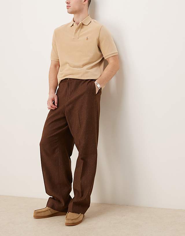 asos ASOS DESIGN pull on smart wool mix wide leg elasticated trousers in camel pinstripe