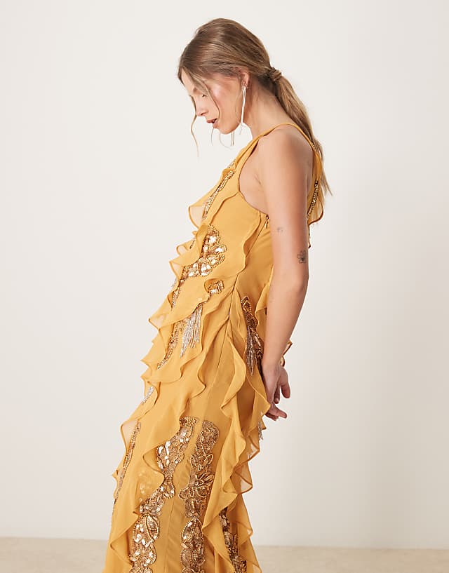 Asos ASOS DESIGN Racer Neck Embellished Ruffle Maxi Dress In Marigold