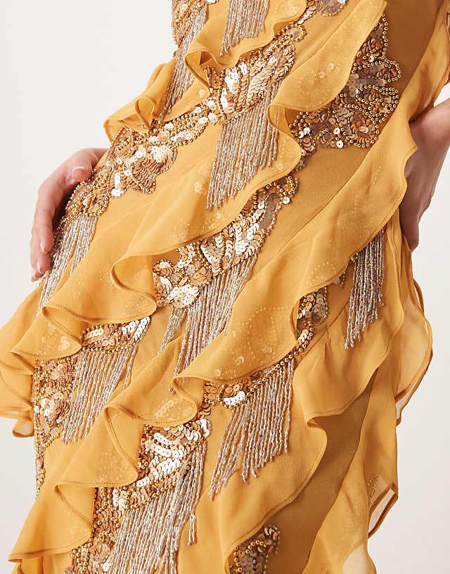 Asos ASOS DESIGN Racer Neck Embellished Ruffle Maxi Dress In Marigold