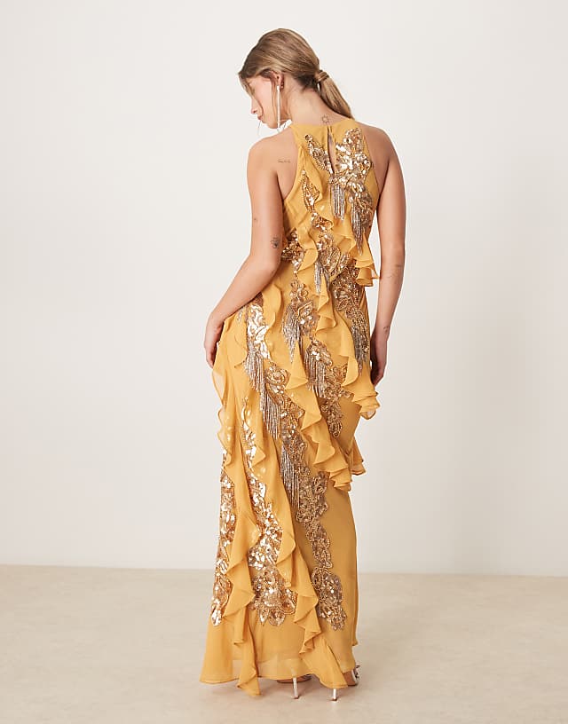 Asos ASOS DESIGN Racer Neck Embellished Ruffle Maxi Dress In Marigold