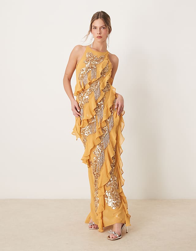 asos ASOS DESIGN racer neck embellished ruffle maxi dress in marigold