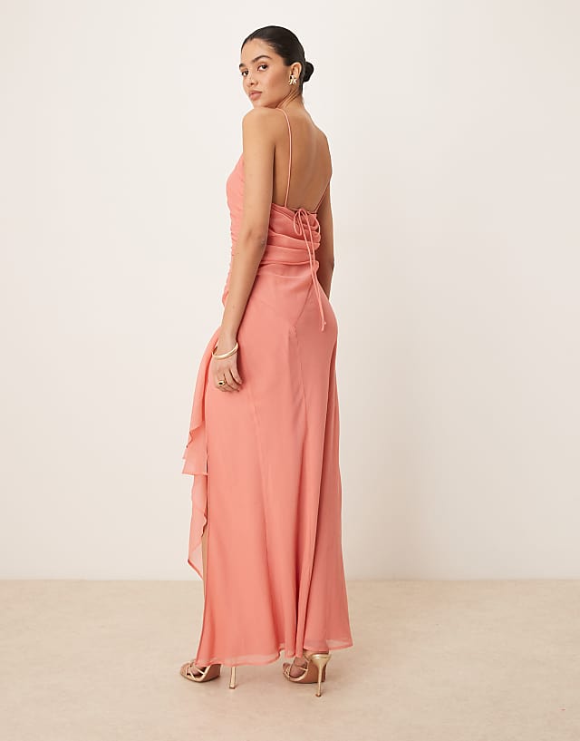 Asos ASOS DESIGN Racer Strappy Maxi Dress With Draped Skirt In Terracotta