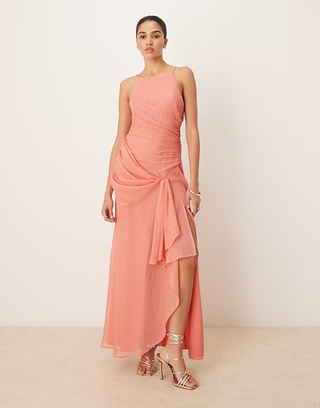 asos ASOS DESIGN racer strappy maxi dress with draped skirt in terracotta