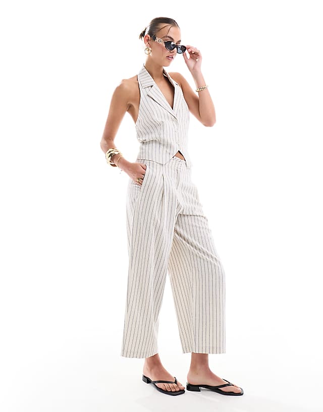 asos ASOS DESIGN raw edge barrel leg trouser with linen in stripe