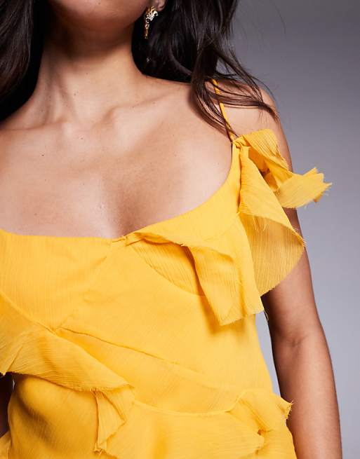 Asos ASOS DESIGN Raw Edge Frill Mini Dress With Tie Back In Yellow