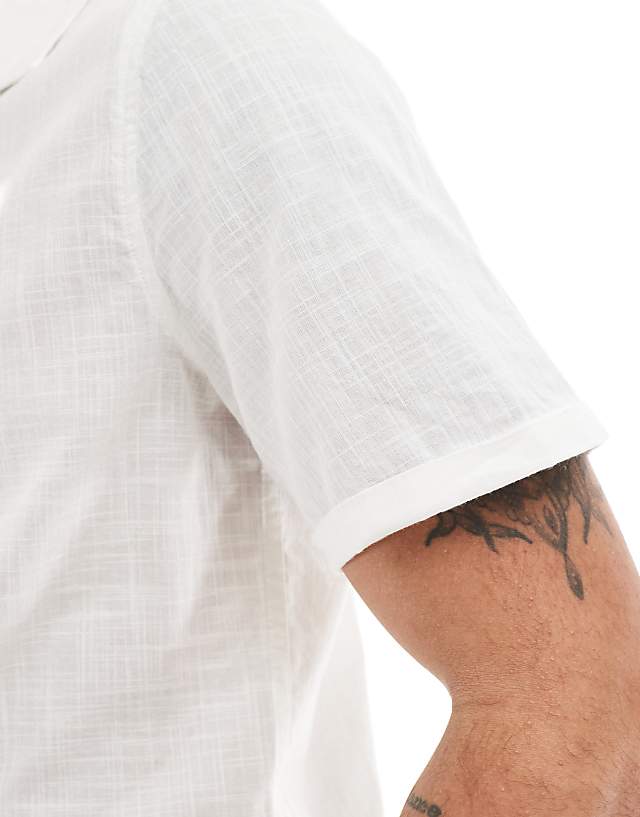 Asos ASOS DESIGN Regular Fit Linen Look Roll Sleeve Revere Collar Shirt In White