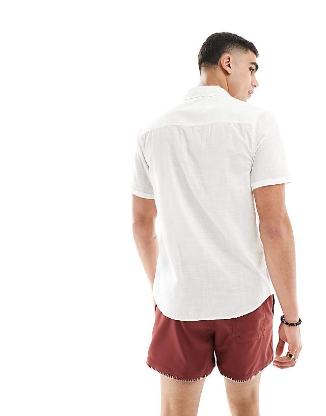 Asos ASOS DESIGN Regular Fit Linen Look Roll Sleeve Revere Collar Shirt In White