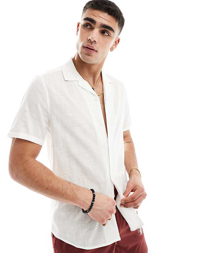 asos ASOS DESIGN regular fit linen look roll sleeve revere collar shirt in white