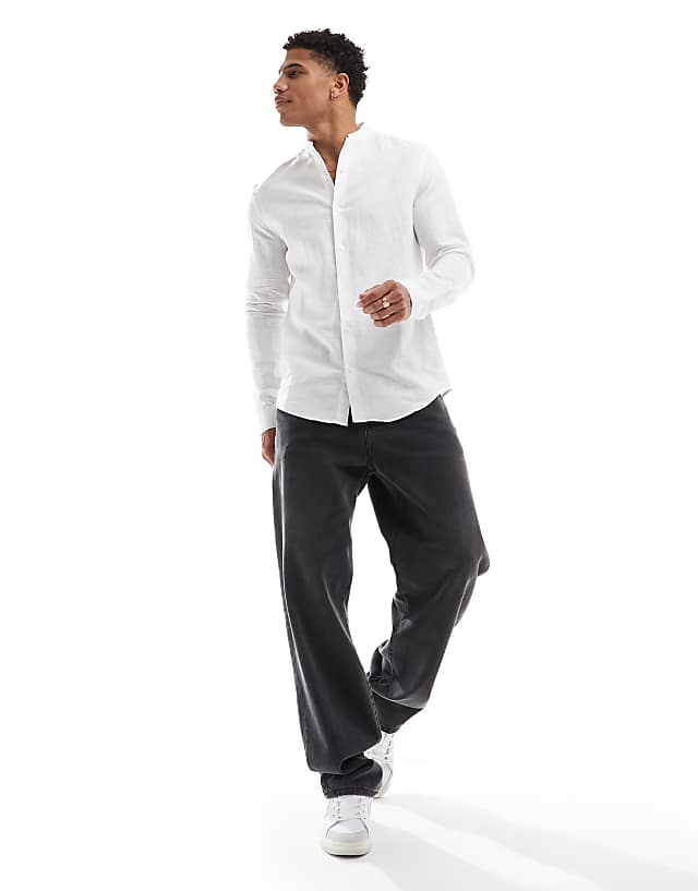 Asos ASOS DESIGN Regular Smart Linen Shirt With Mandarin Collar In White