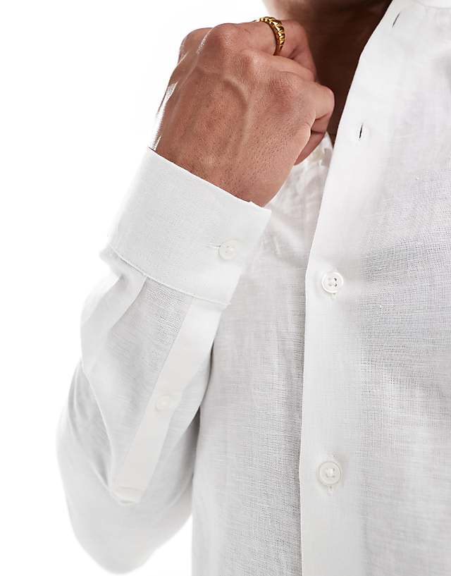 Asos ASOS DESIGN Regular Smart Linen Shirt With Mandarin Collar In White