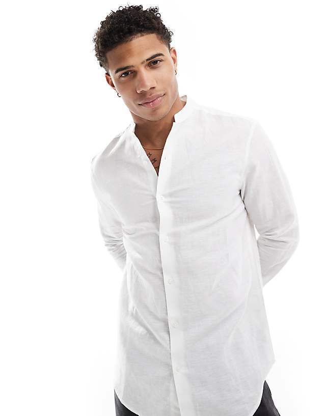 asos ASOS DESIGN regular smart linen shirt with mandarin collar in white