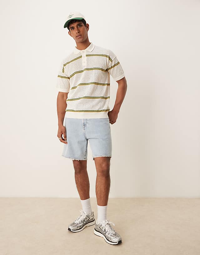 Asos ASOS DESIGN Relaxed Airtex Stripe Knitted Polo In Cream