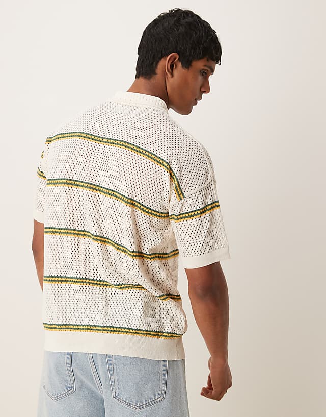 Asos ASOS DESIGN Relaxed Airtex Stripe Knitted Polo In Cream