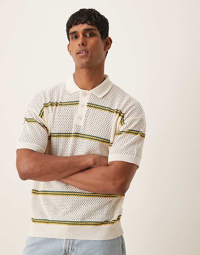 Asos ASOS DESIGN Relaxed Airtex Stripe Knitted Polo In Cream