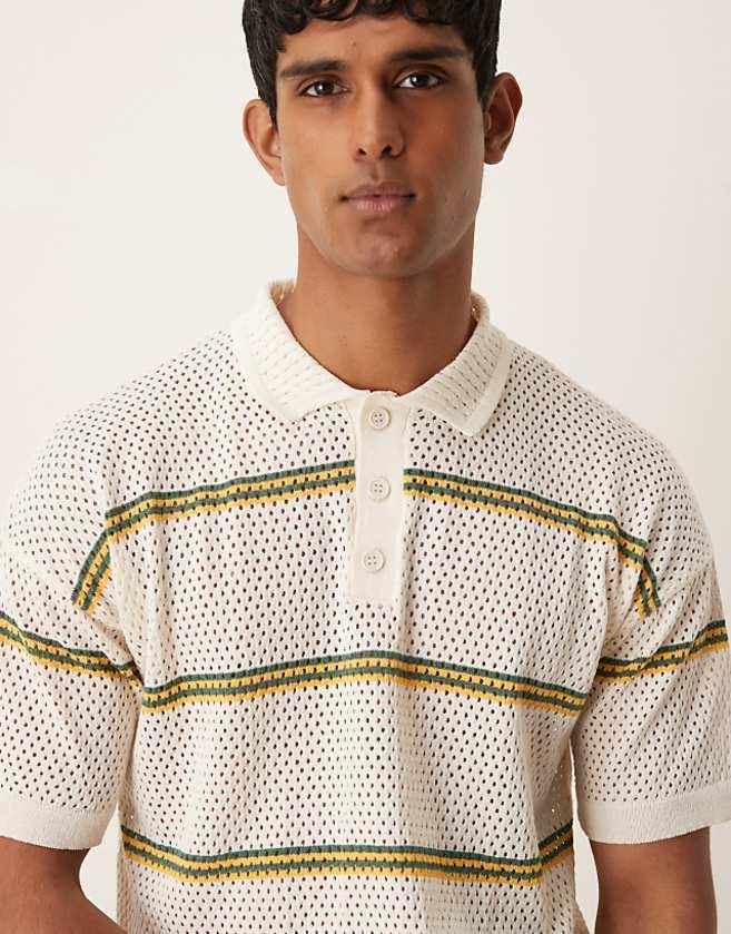 asos ASOS DESIGN relaxed airtex stripe knitted polo in cream