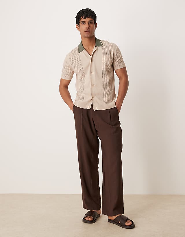 Asos ASOS DESIGN Relaxed Boxy Button Through Knitted Polo With Contrast Collar In Beige