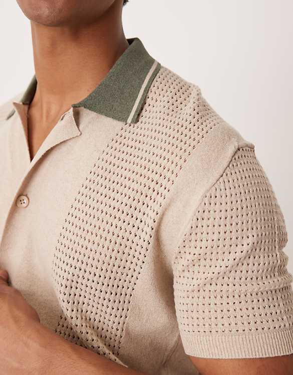 Asos ASOS DESIGN Relaxed Boxy Button Through Knitted Polo With Contrast Collar In Beige
