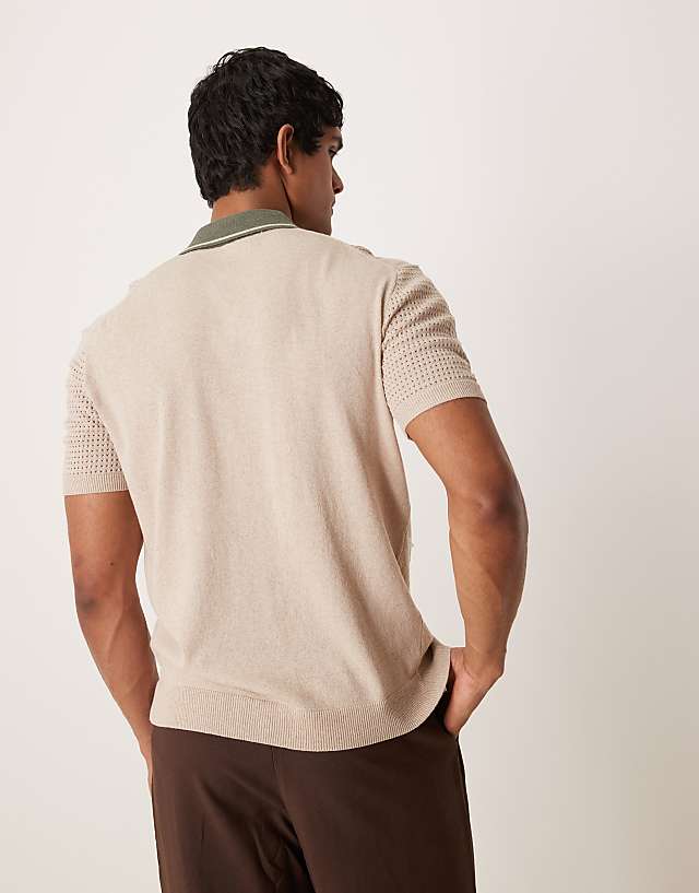 Asos ASOS DESIGN Relaxed Boxy Button Through Knitted Polo With Contrast Collar In Beige