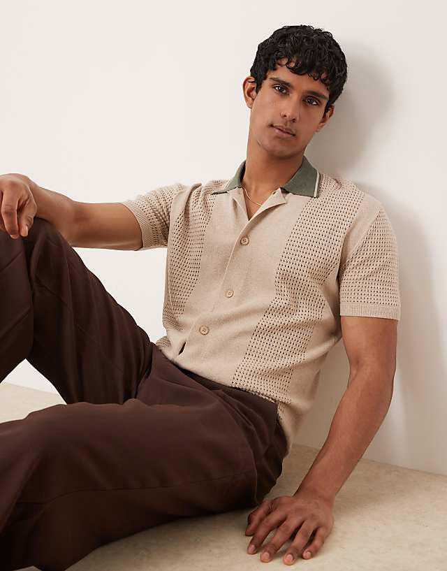 asos ASOS DESIGN relaxed boxy button through knitted polo with contrast collar in beige