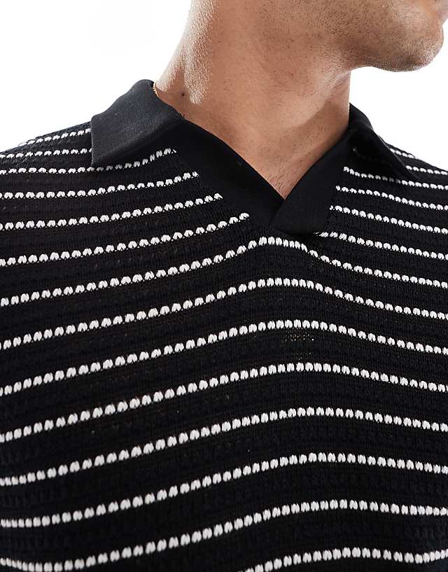 Asos ASOS DESIGN Relaxed Boxy Polo In Textured Black And White Stripe