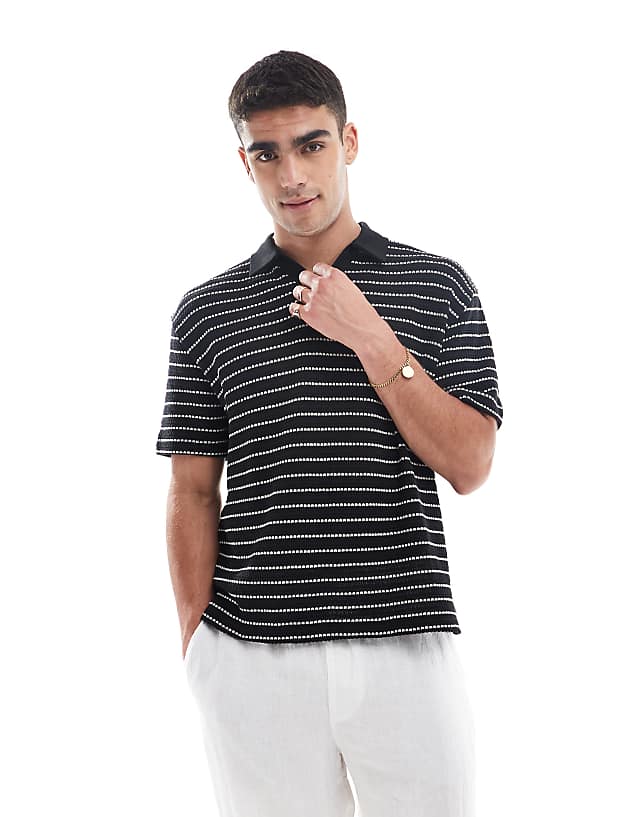 asos ASOS DESIGN relaxed boxy polo in textured black and white stripe