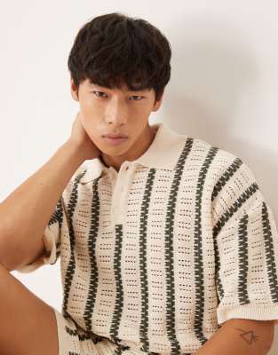 Asos ASOS DESIGN Relaxed Crochet Knitted Polo And Shorts Co-ord In Ecru And Green
