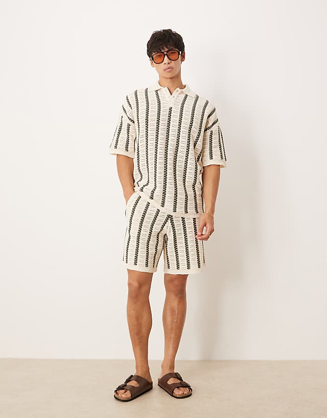 asos ASOS DESIGN relaxed crochet knitted polo and shorts co-ord in ecru and green
