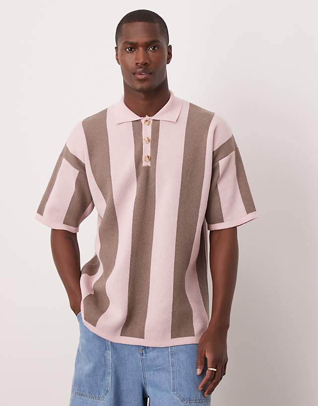 Asos ASOS DESIGN Relaxed Fit Knitted Stripe Polo In Pink
