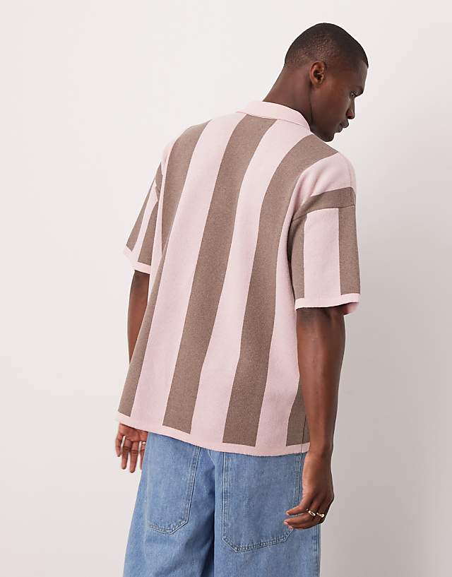 Asos ASOS DESIGN Relaxed Fit Knitted Stripe Polo In Pink