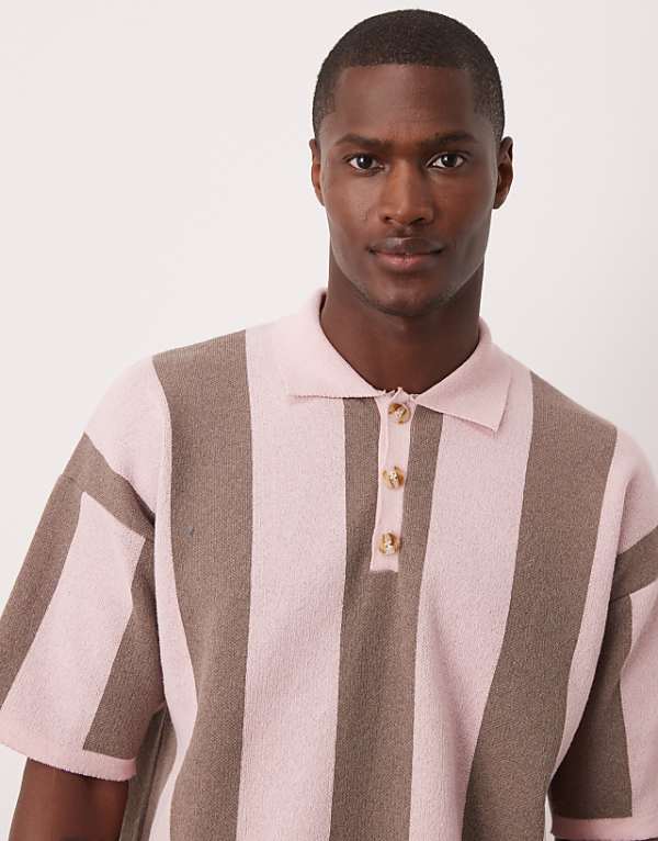 asos ASOS DESIGN relaxed fit knitted stripe polo in pink