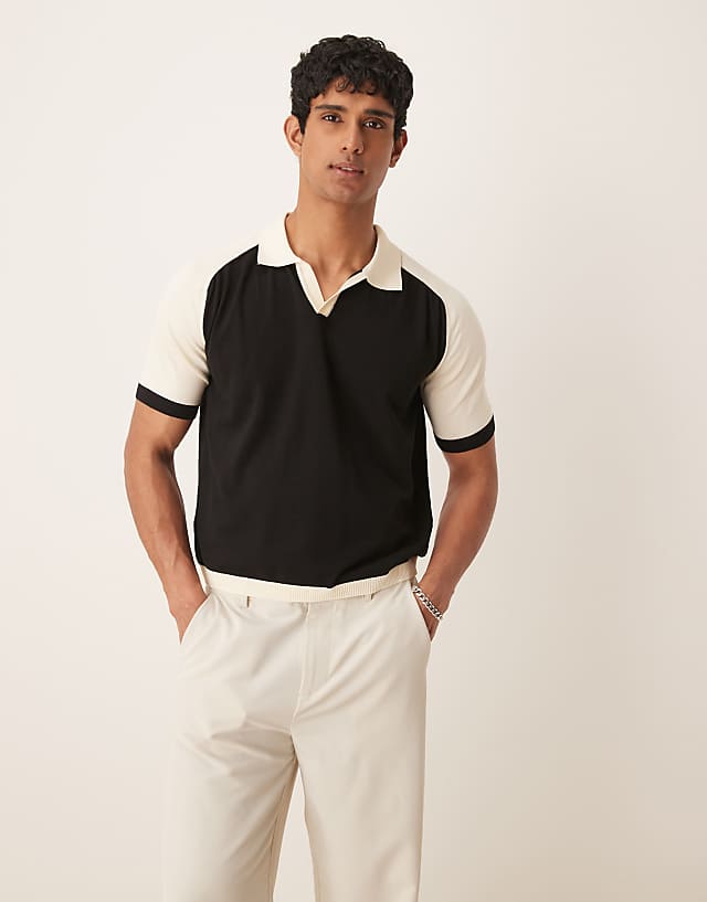 asos ASOS DESIGN relaxed fit premium knitted polo in black and white