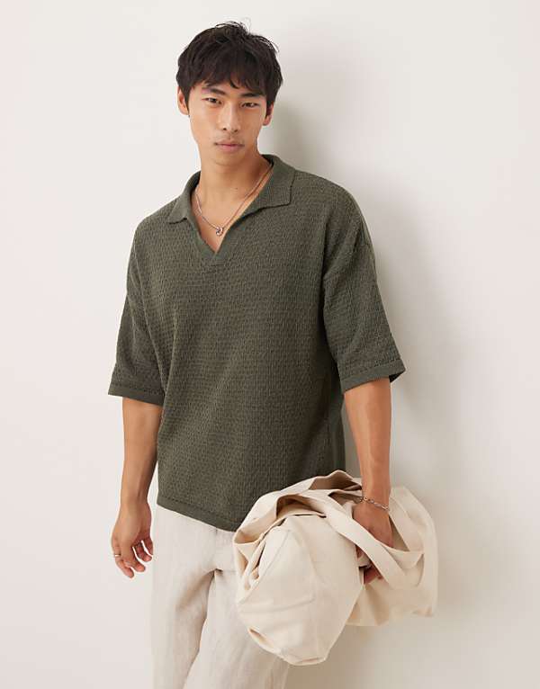 asos ASOS DESIGN relaxed fit textured knitted notch neck polo in dark green